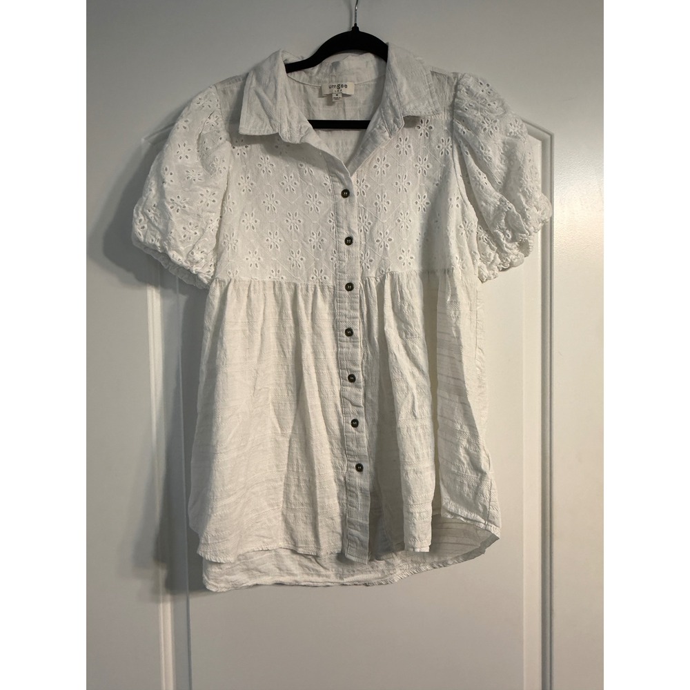 Umgee Eyelet Babydoll Top M White Puff Sleeve Button Front Boho Festival Airy